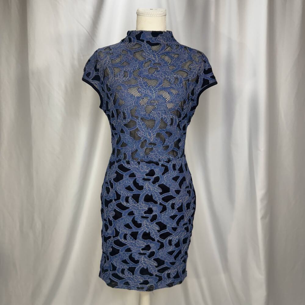 CQ by CQ Blue Lace Sheath Dress Medium Sheer Avant Garde Feminine Event Vacation - Picture 14 of 16
